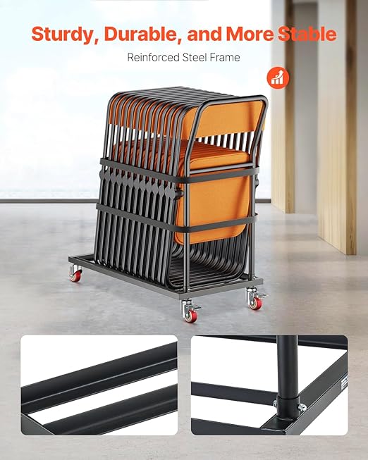 VEVOR Folding Chair Rack, 300 LBS Capacity, L-Shape Vertical Placement Chair Cart for 25 Chairs, Heavy-Duty Metal Chair Storage Dolly with Rubber Wheels, Multi-Function Chair Holder, Matte Black