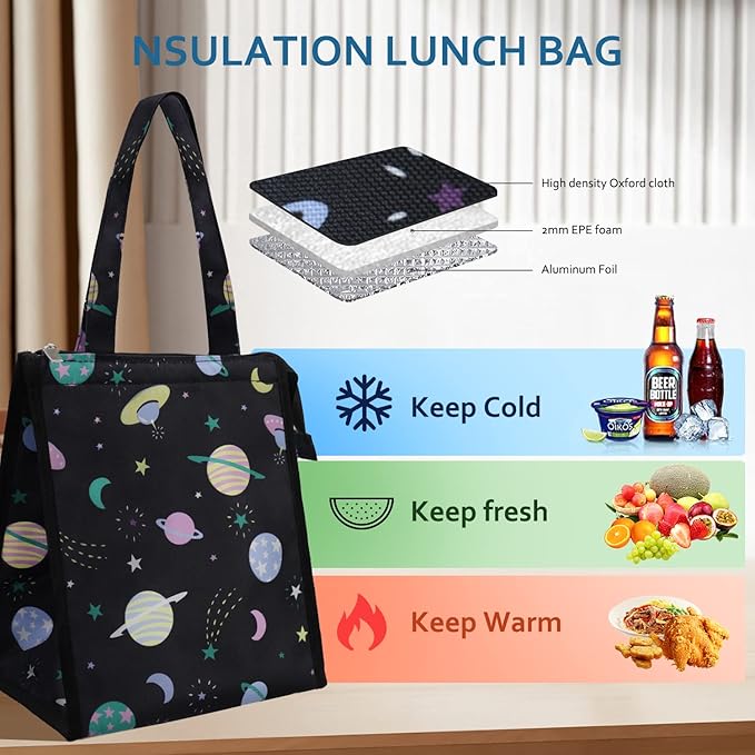 iknoe Lunch Bag Insulated Lunch Bags for Women & Men, 9L Reusable Lunch Tote, Portable Adult Thermal Large Lunch Cooler for Work Picnic Beach (Space Planet)