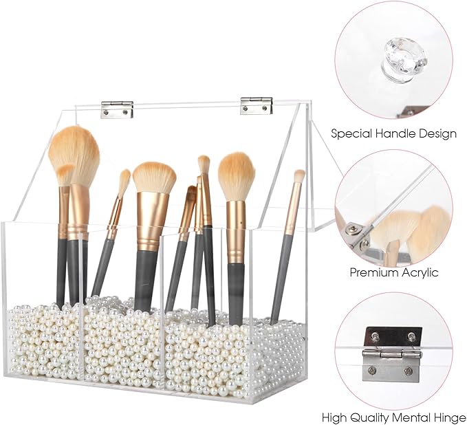 Acrylic Makeup Brush Holder, Clear Cosmetic Storage Box with 3 Brush Holders, Dust Cover, Large-Capacity Split Design for Organizing Vanity Desk