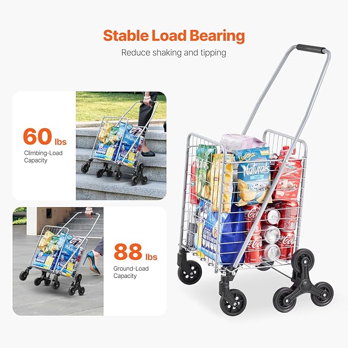 VEVOR Grocery Shopping Cart, 45L Stair Climbing Shopping Cart with 360° Rolling Swivel Wheels, Stair Climber Utility Cart with Tri-Wheels, Foldable Collapsible & Lightweight for Laundry Travel, Silver