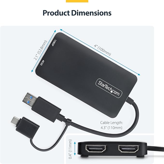 StarTech.com Dual Monitor Adapter for M1/M2/M3/M4 macOS Systems, Windows, ChromeOS. Thunderbolt, USB 3.0 or USB-C HDMI Splitter Extended Display, 4K30 Output 1 & 1080p Output 2, (107B-USB-HDMI-2)