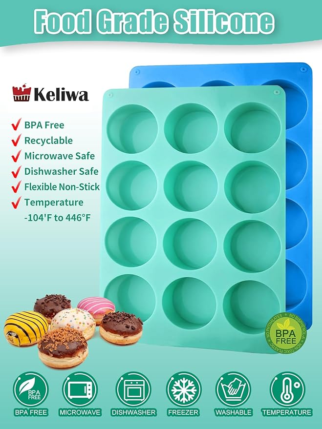 2 Pcs Chocolate Cookie Silicone Molds, 12-Cavity Round Silicone Mold, Baking Mold for Chocolate, Cookie, Candy, Mini Cake, Jelly, MuffinCakes