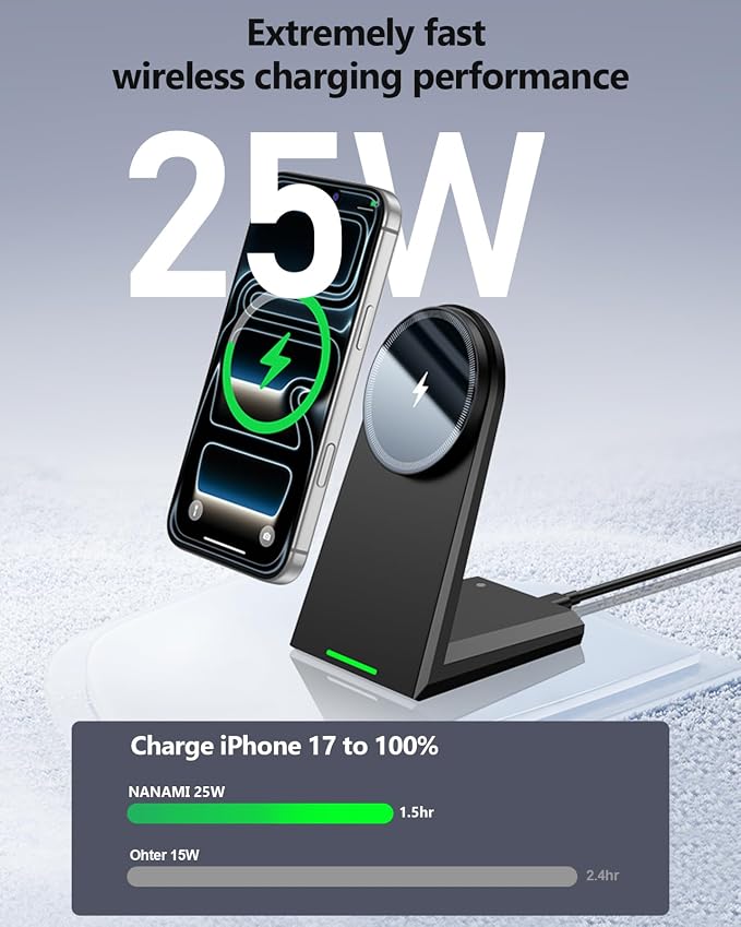 NANAMI 25W Magnetic Wireless Charger Stand with 30W PD Adapter for iPhone | Compatible with iPhone 17/16/15/14/13 N52 Alignment 360° Adjustable Design Auto-Dim LED Cooling System &amp Safety Prote
