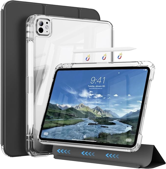 Case for iPad Air 13 Inch Case M4/M3/M2 (2026/2025/2024) Pro 12.9 Inch (6th/5th Gen 2022/2021) 2 in 1 Detachable Cover with Clear Hard Back Supports Touch ID Auto Wake/Sleep Black