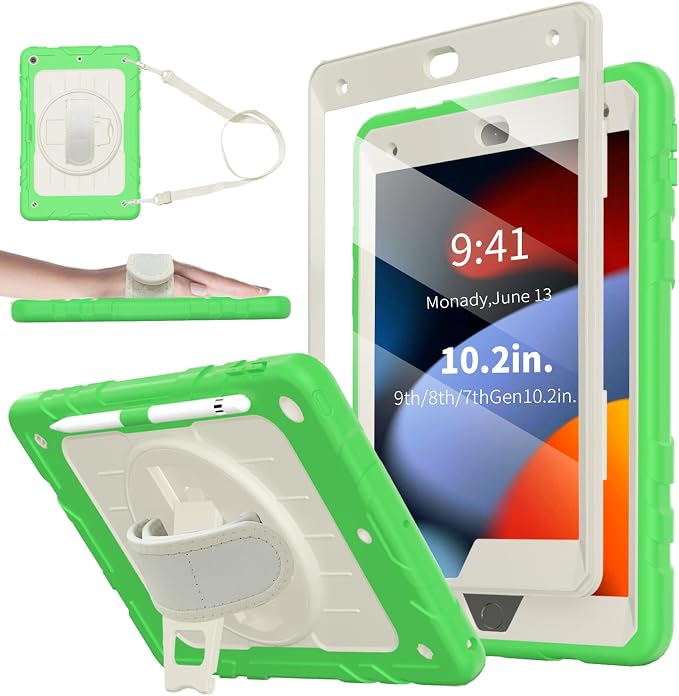 Case for iPad 9th/8th/7th Generation-Built-in Screen Protectorwith Pencil Holder&amp360°Rotating Hand StrapShoulder StrapCase for iPad 10.2 inch 2021-2019(Black)