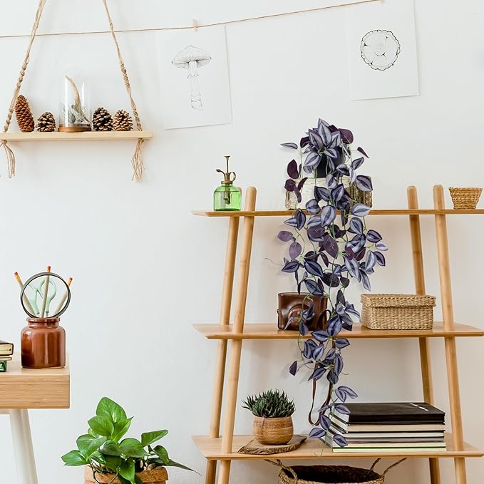 LOYWREE 3Pack Small Fake Hanging Purple Plant Artificial Potted Plants Indoor 39-in Long Faux Dark Black Vine Plant for Shelf Home Office and Outdoor Garden Decor (Black Pot)