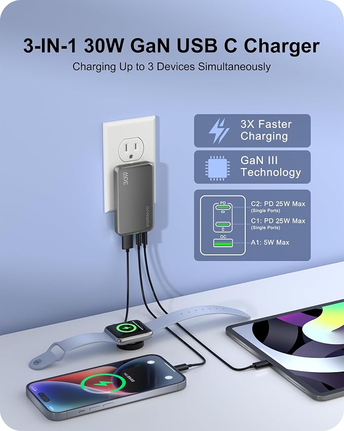 Flat USB Wall Charger 3 Ports Ultra-Slim Fast Wall Charger for Pixelbook iPad Pro iPhone 17/16/15/14 Black