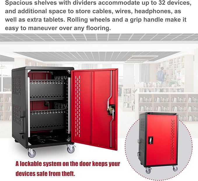 Thetilsy 32 Device Mobile Charging Station for Laptops/Tablets/iPads/Chromebooks,32 Bay Lockable Charging Cabinet with Power Strip for Classroom,School Charging Carts with Casters