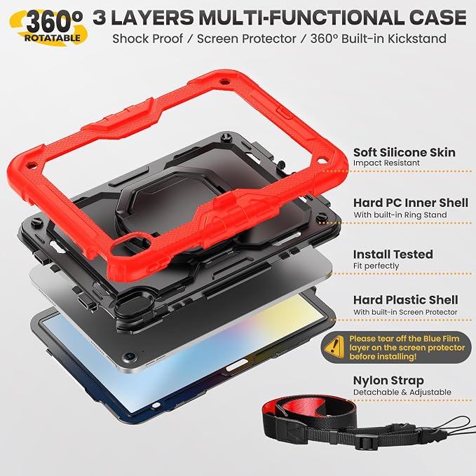 SEYMAC stock Handle Case for iPad (A16) 11th / 10th Gen 11'' /10.9'' Black | Full-Body Drop Protection Shockproof Case Pencil Holder Screen Protector 360 Ring Handle Stand 2025/2022 Released