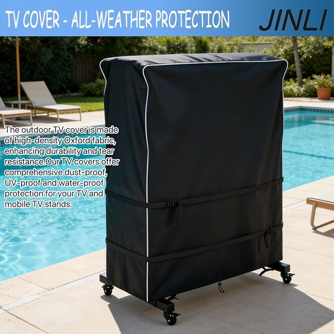 JINLI 55-60 inch outdoor TV trolley cover, courtyard TV cover, Oxford fabric waterproof and dustproof, triple windproof design, compatible with rolling/mobile stand