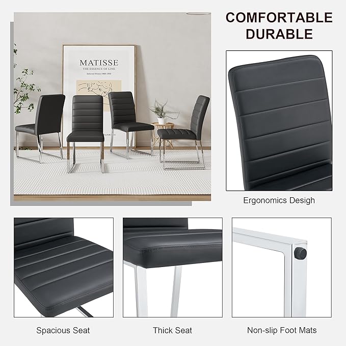 Modern Dining Chairs Set of 4, White Faux Leather Kitchen Chairs, Upholstered Armless Dining Room Chair with Gold Mental Legs Heavy Duty, Comfortable (Black Chairs, Set of 2)