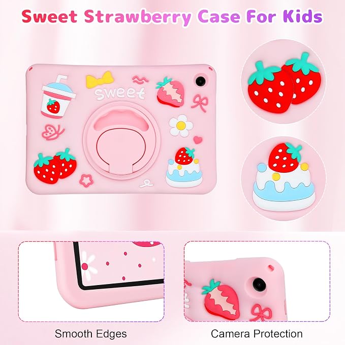 VOFUOE for Samsung Galaxy Tab A11 Plus Case 2025 Galaxy Tab A9 Plus Case 2023 11 Inch for Kids Girls with Shoulder Straps Rotating Stand Strawberry Yogurt Cake Soft Silicone Protective Cover-Pink