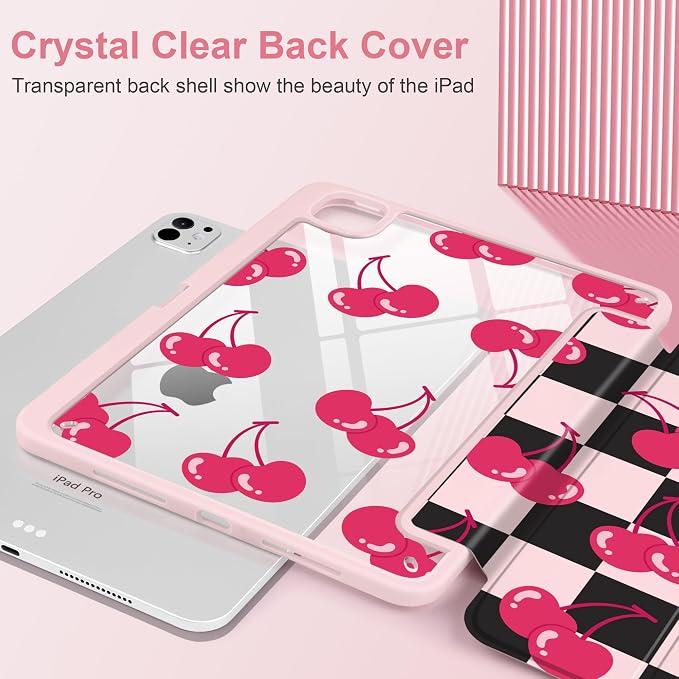 DONGKE for iPad Pro 11-Inch Case (M5 2025 / M4 2024) 6th/5th Generation [Auto Sleep/Wake &amp Pencil Pro Holder] Clear Acrylic Back Smart Trifold Stand Cover Bear &amp Cherry