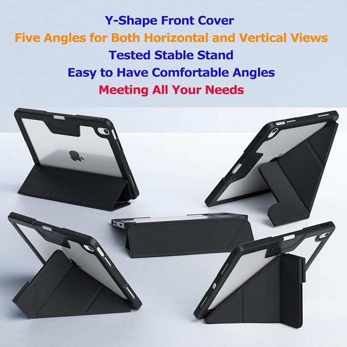 Military Grade Case for iPad (A16) 11 2025 10th Gen 10.9 2022 Black | Pencil Holder Auto Sleep/Wake Multi Angle Magnetic Stand Hard Clear Acrylic Back Shockproof Protective Cover