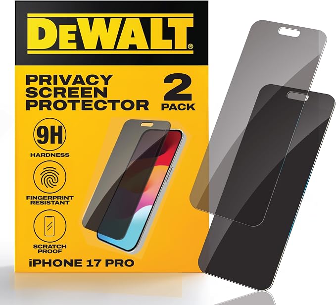 DEWALT Heavy Duty 2Pack Privacy Screen Protector for iPhone 13 Pro Max/14 Plus Sensor Protection Dynamic Island Compatible AntiSpy Tempered Glass [9H Hardness] Case Friendly High Response HD Quality