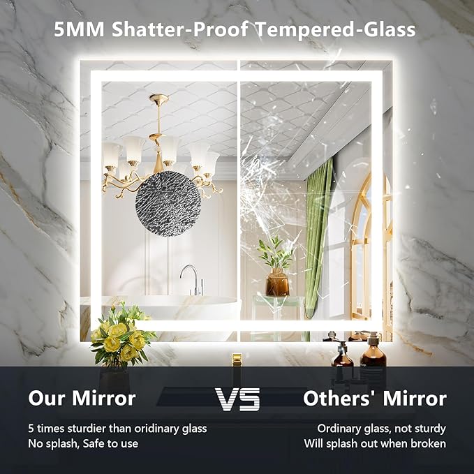 YEELAIT 40x36 Inch LED Bathroom Mirror with Lights Front and Backlit Lighted Vanity Mirror for Bathroom Wall with 3 Colors Dimmable Anti-Fog Memory Shatter-Proof IP54 Waterproof Horizontal/Vertical