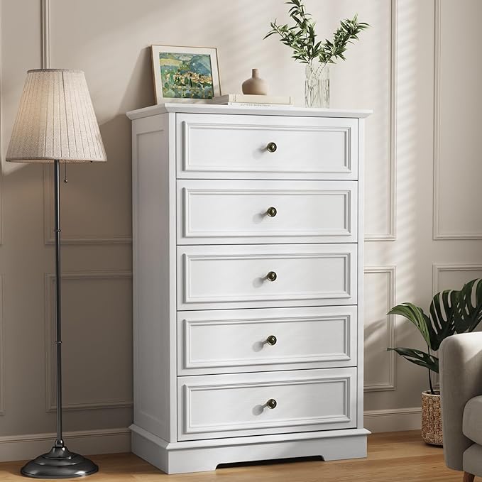 White Dresser for Bedroom, 44" Tall 5 Drawer Dresser, Wooden Chest of Drawers with Large Storage, Vertical Dressers for Closet, Living Room, Hallway