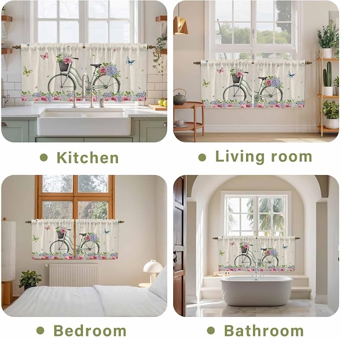 Farmhouse Spring Tier Curtains, Retro Bicycles Flowers Vines Butterfly Light