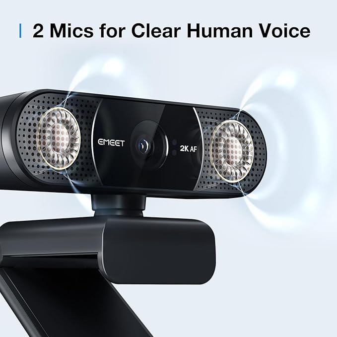 EMEET C960 2K Webcam with Microphone, 2K QHD, 2 Noise-Reduction Mics, TOF Autofocus Streaming Webcam with Privacy Cover, Plug&Play USB Webcam for Calls/Conference, Zoom/Skype/YouTube, Laptop/Desktop