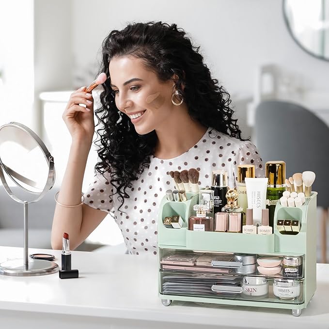Anyoifax Makeup Organizer Countertop with Large Drawers, Vanity Organizer with Brush Holder, Skin Care Storage for Dresser, Perfume Organizer for Lotion, Lipsitck, Palette, Green
