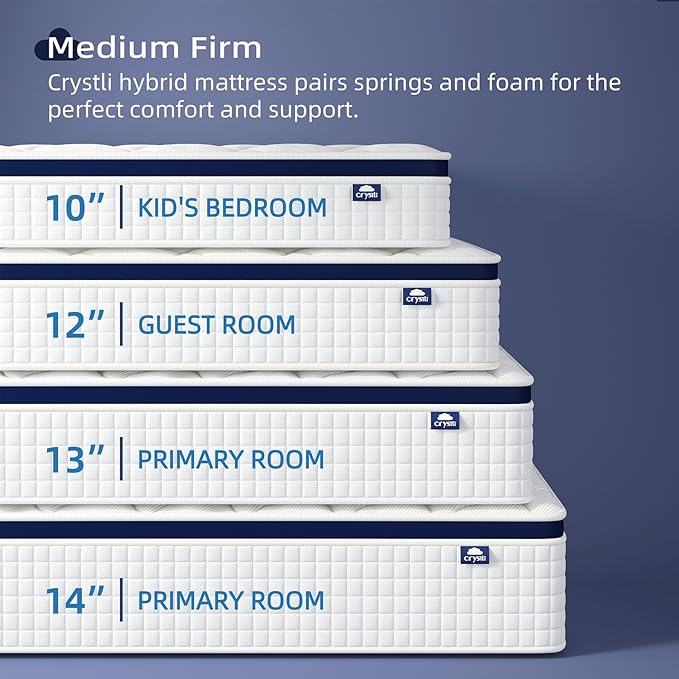 Crystli 14 Inch Queen Mattresses Bed in A Box, Queen Size Hybrid Mattress with Zero Pressure Foam, Innerspring Mattress for Pressure Relief, Motion Isolation, Medium Firm, CertiPUR-US Certified