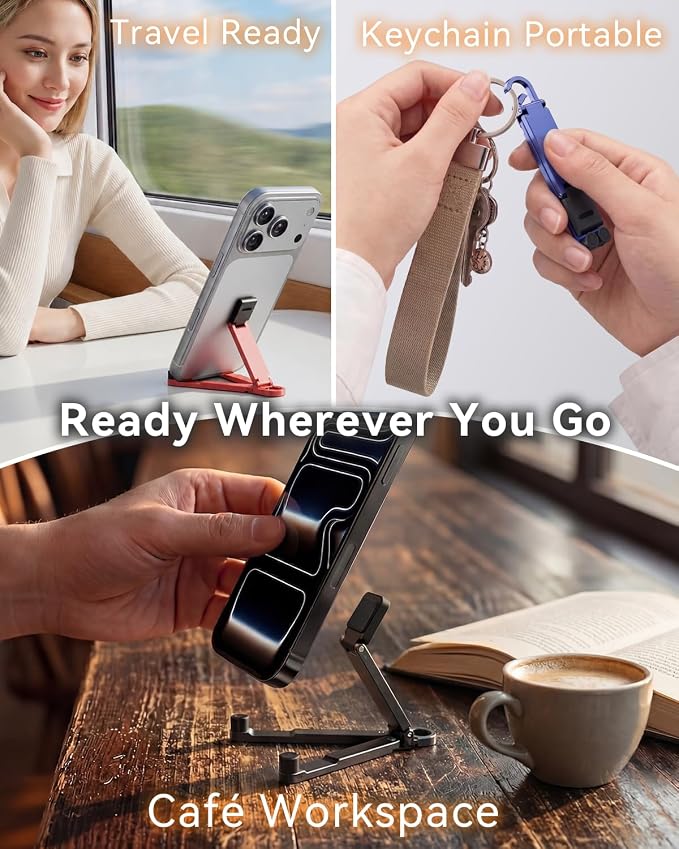 Portable Phone Stand Foldable EDC Keychain Phone Holder with Snap Hook Mini Aluminum Travel Cell Phone Stand for iPhone and Smartphones Under 8 Inches(Black)