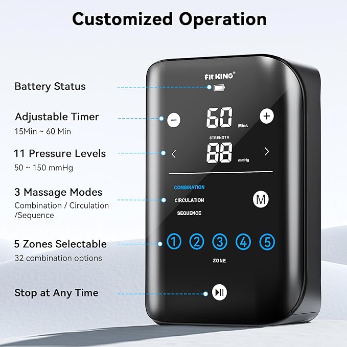 FIT KING Cordless Recovery System, Professional Air Compression Massager, Reduces Muscle Pain and Improves Circulation, Warm-up and Fast Recovery for Athletes, Customized Zone Massage Optional (Small)