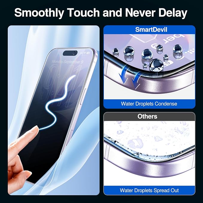 SMARTDEVIL (3+3 Pack HD Clear Screen Protector for iPhone 14 Pro Max with 3 Camera Lens Protectors 9H Tempered Glass Shatter-Resistant SmartPull Dust &amp Bubble-Free Install Frame Case-Friendly