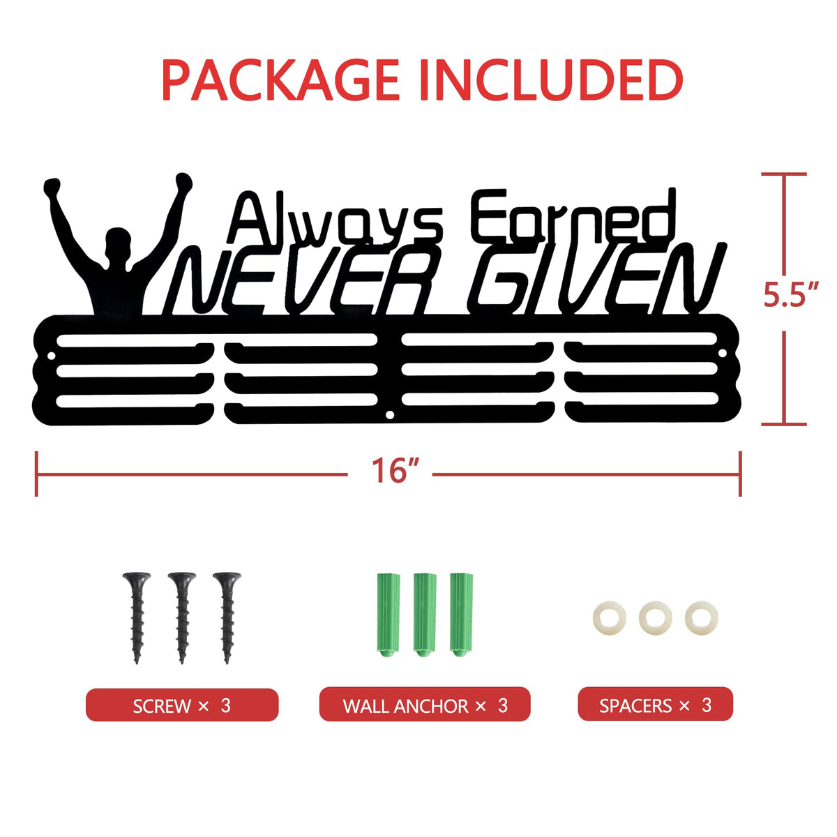 Goutoports Medal Holder Display Hanger Award Ribbin Rack for Sport Race Runner - Always Earned Never Given - Wall Mount Hold Up 60 Medal Hanger Display for Athlete Easy to Install
