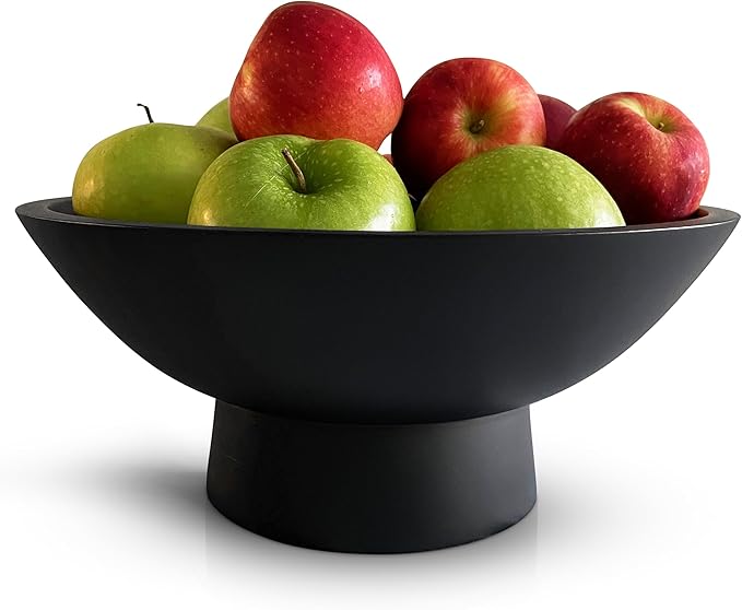 Black Pedestal Bowl - 12 Inch, Wide Black Footed bowl as Fruit, Key, Decorative, Candy Holder or Centerpiece, Wooden Bowl Decorative for Kitchen, Dining Table & Modern Home Accessories