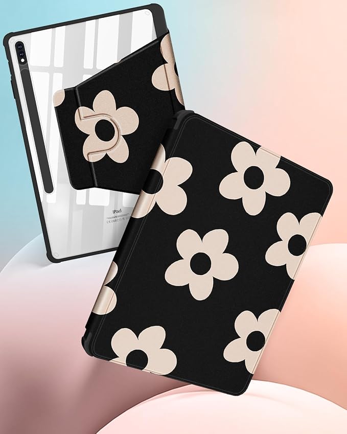 Wazzasoft for Samsung Galaxy Tab S7/S7 Plus/S8 Plus Case - 12.4 Inch Folio Cover with Pencil Holder - Women/Girl Cute Girly Black Flower Unique Design - Rotating Tablet Case