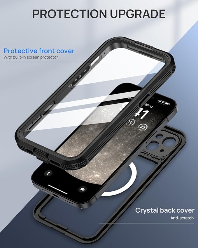 Lanhiem Magnetic for iPhone 15 Plus Case, IP68 Waterproof Dustproof Case, [Compatible with Magsafe] [Built-in Screen Protector] Full Body Heavy Duty Rugged Phone Cover 6.7 inch, Black/Clear