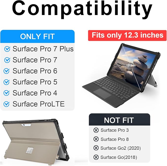 Case for 12.3 Microsoft Surface Pro 7+/7/6/5/4 Protective Rugged Cover Case with Surface Pen Holder and Hand Strap Compatible with Surface Pro Type Cover Keyboard (Black)