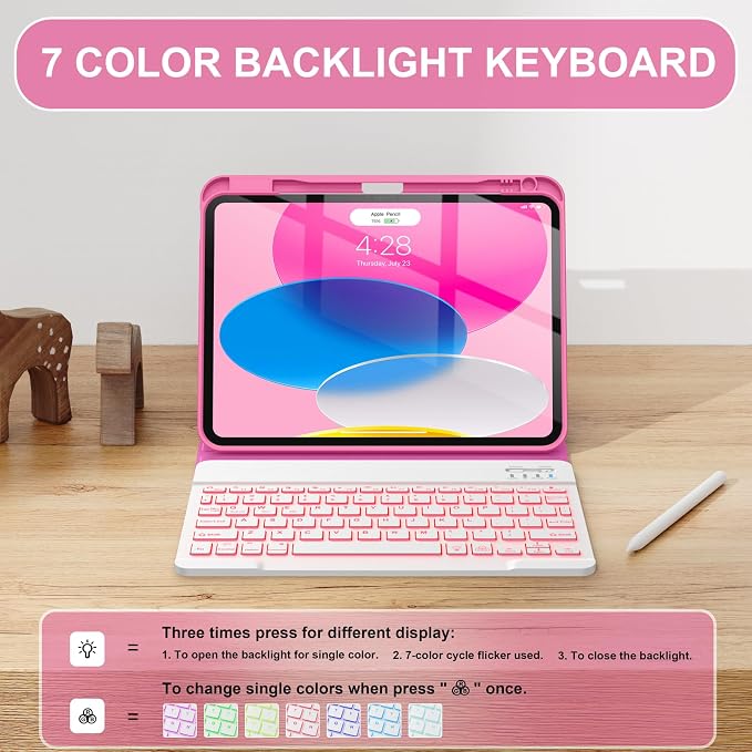 Soke for iPad (A16) 11th/10th Gen Case with Keyboard Black Marble | For iPad 11/10.9 inch(2025/2022) 7 Color Backlight Magnetic wireless Detachable Keyboard Case Built-in Pencil Holder