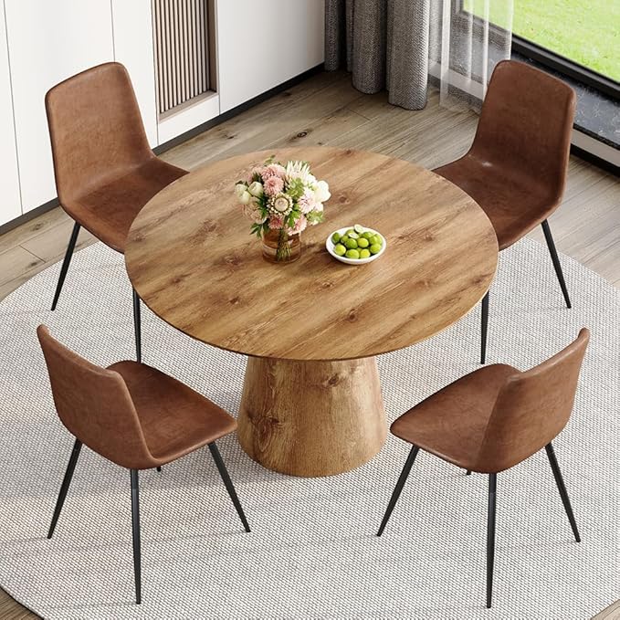 Round Dining Table Set for 4,45'' Farmhouse Dining Room Table Set for 4 with Suede Chairs,1" Thick Wood Pattern Tabletop with Conical Base,5 Pieces Kitchen Table Set for Dining Room,Apartment