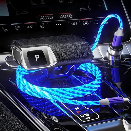 IHAO Multi Ports Light-Up USB Cable USBA to USBC/MicroUSB Cable Durable Fast Charging Cable with Visible Current Flow As Night Light Use-3in1 Blue