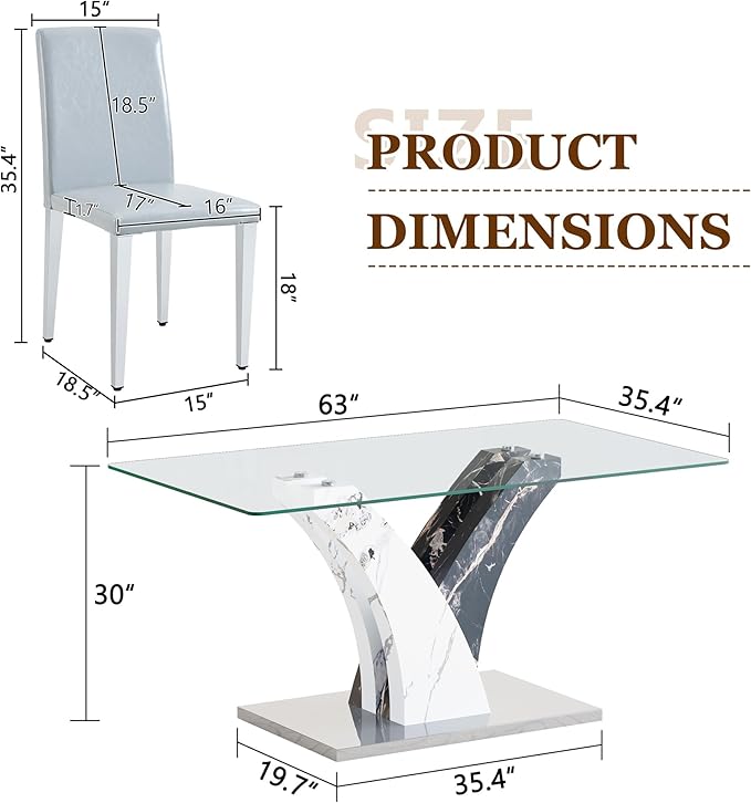 Glass Dining Table Set for 6, 63” Kitchen Table Set for 6, Modern Dining Room Table Set with Upholstered Chairs, Tempered Glass Tabletop with Y Shape Base