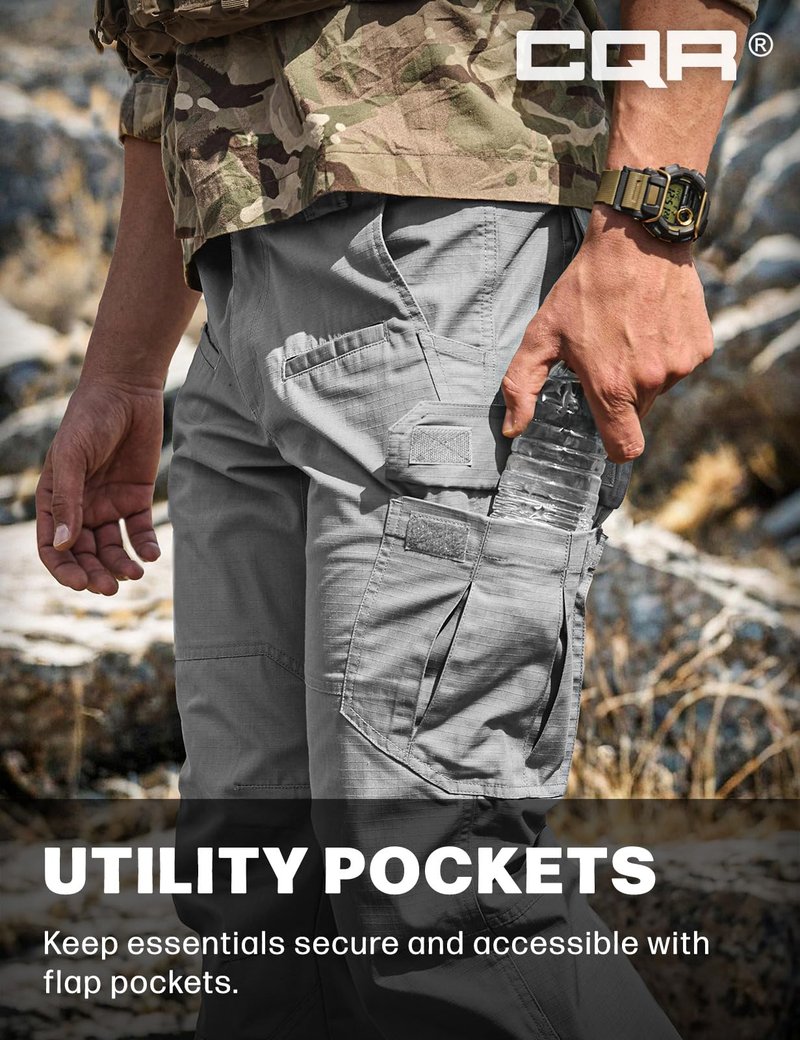 CQR Men's Tactical Pants, Water Resistant Ripstop Cargo Pants, Lightweight EDC Work Hiking Pants, Outdoor Apparel, Raider Stone, 34W x 34L