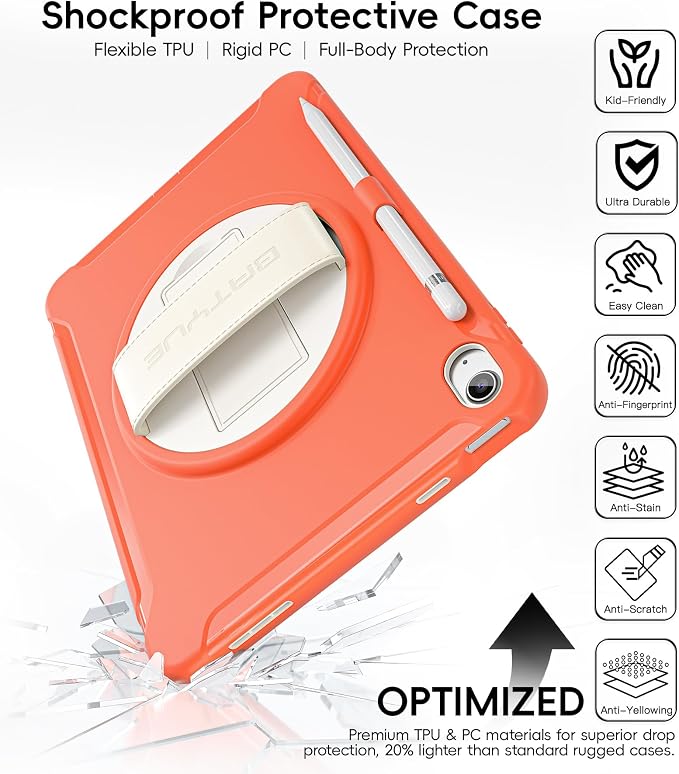 BATYUE Shockproof Case for iPad 10th / 11th (A16) Gen 11 inch CoralOrange | 3in1 PC+TPU Heavy Duty Leather Hand Strap Adjustable Stand Screen Protector Pencil Holder Easy Clean Personal/Busine