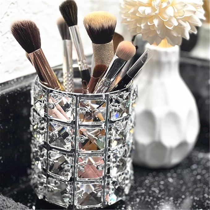 LUGUNU Makeup Brush Holder with Silver Crystal Bling – Elegant Vanity Organizer for Brushes, Pens & Pencils, Ideal for Bathroom or Office Countertop(2Pack)
