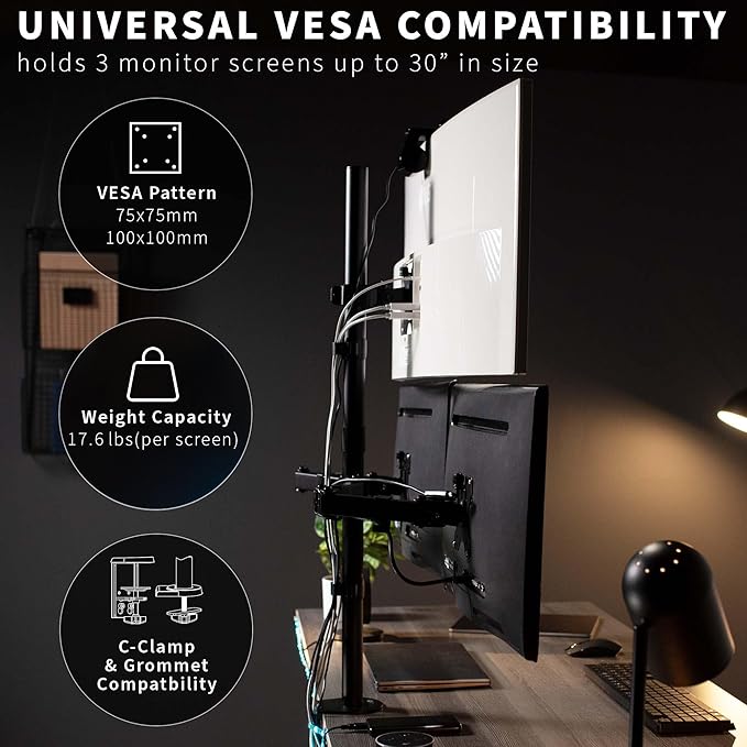 VIVO Triple LCD Monitor Desk Mount Stand Heavy Duty and Fully Adjustable, 3 Screens up to 30 inches STAND-V003T