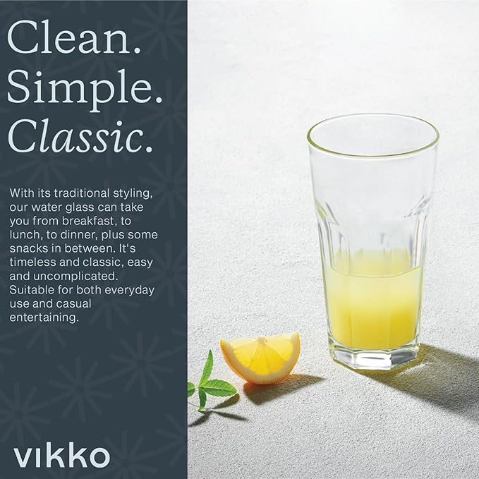 Vikko Drinking Glasses, 9 Ounce Glass Cups, Durable Glasses Drinking Set of 6, Stackable Water Glasses, Highball Glasses, Heavy Base Tumblers & Water Glasses, Dishwasher Safe Cups for Kitchen