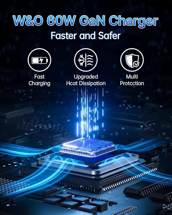 W &amp O 60W GaN Fast Charger Wall Plug Built-in Retractable USB-C &amp L Cables | Retractable Wall Charger with 47.2 Cables One Pull Charging No Cable Mess Solution for iPhone 17/16/15 Galaxy