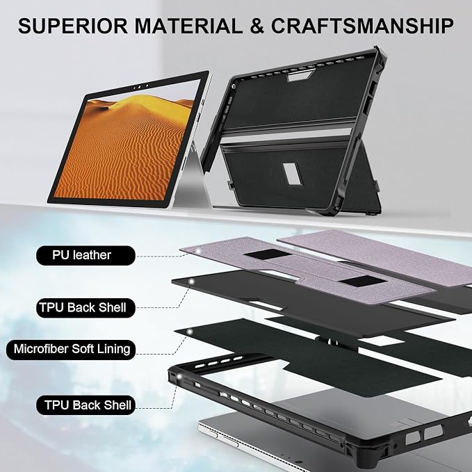 Case for 12.3 Microsoft Surface Pro 7+/7/6/5/4 Protective Rugged Cover Case with Surface Pen Holder and Hand Strap Compatible with Surface Pro Type Cover Keyboard (Black)