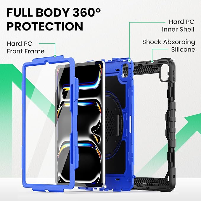 SEYMAC for iPad 9th/8th/7th Generation Case 10.2 2021-2019 Full-Body Shockproof Protective Case with Screen Protector Rotating Stand/Handle/Shoulder Strap for iPad 10.2 Blue/Black