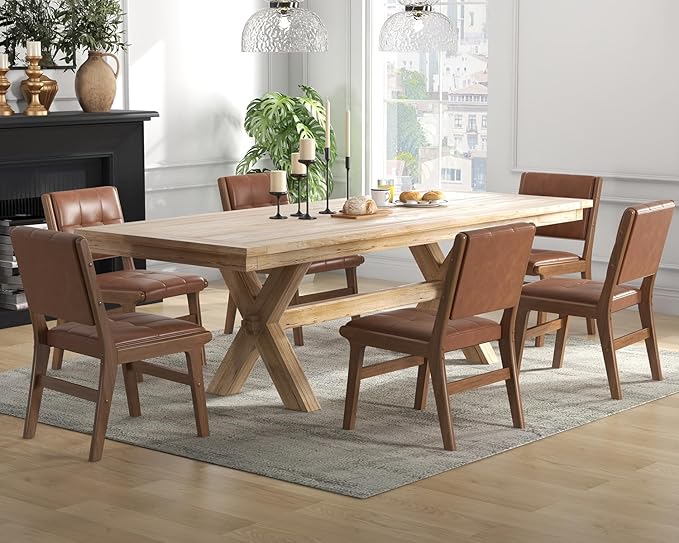 KCC Modern PU Leather Dining Chairs Set of 6, Upholstered Kitchen Chairs with Solid Wood Legs and Comfortable Seat for Dining Room/Lounge/Bedroom(Brown)