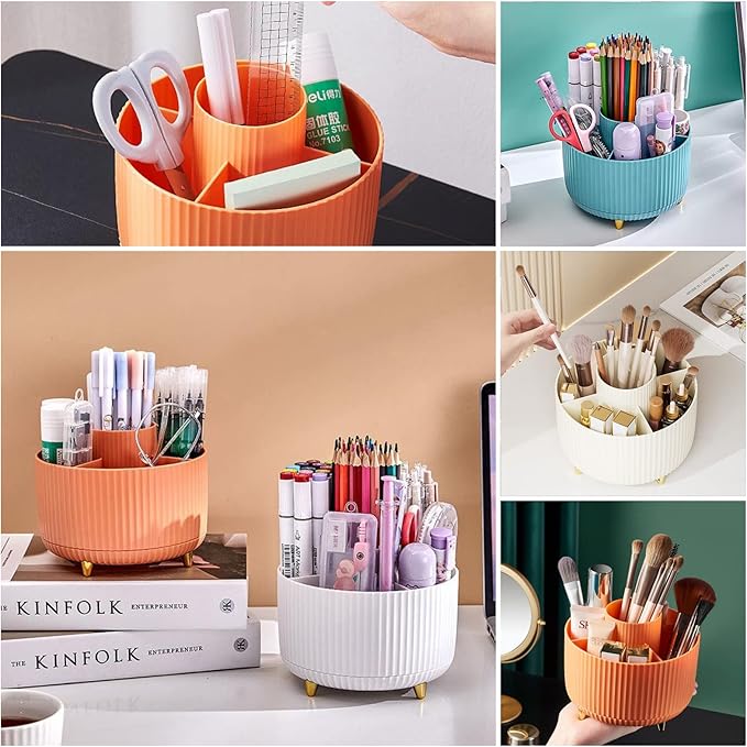 DASITON Large Capacity Makeup Brush Holder,360° Rotating Makeup Organizer,5 Slot Makeup Brushes Cup,for Vanity Decor,Bathroom Countertops,Desk Storage Container,Cosmetic Display cases(Cream)