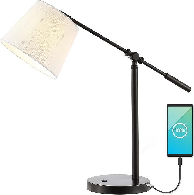JONATHAN Y 24" Oil Rubbed Bronze 1-Light Iron LED Task Lamp with USB Port, Classic Vintage Industrial Table Lamp with Adjustable Head and Linen Shade, LED Bulb Included JYL1129A
