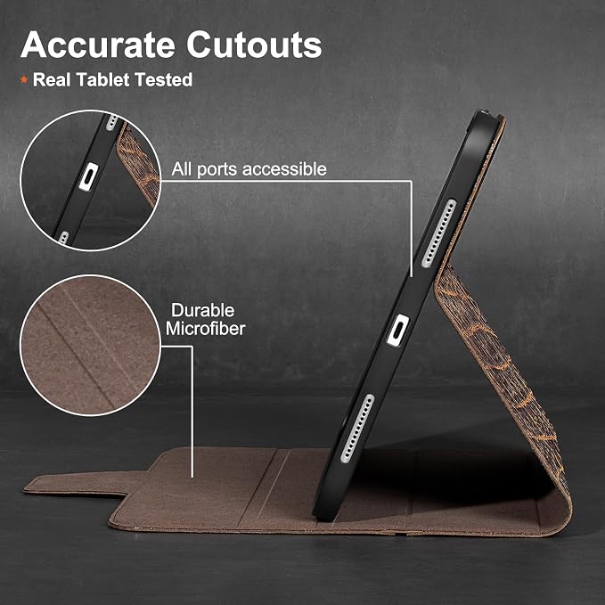 Gexmil Leather Case for iPad Pro 11 Inch M5/M4 2025/2024Crocodile Brown | Genuine Leather CoverPencil HolderMagnetic ClosureSmart Folio Auto Sleep/WakeProtectiveAdjustable Stand