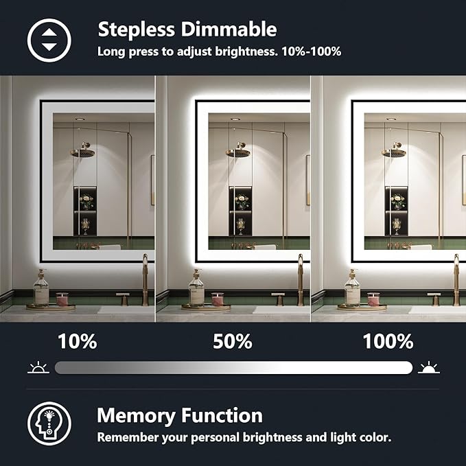 YEELAIT 32x36 Inch LED Bathroom Mirror with Lights (Front Lit and Backlit) Black Framed Lighted Vanity Mirror for Bathroom Wall Dimmable Anti-Fog Memory Tempered Glass Horizontal/Vertical